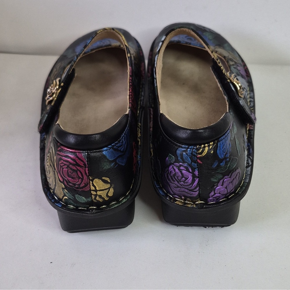 Alegria Black Floral Leather Mary Jane Flats Round Toe Button Womens Size 12 - Picture 3 of 7